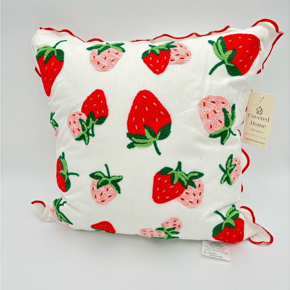 Coveted Home Embroidered Strawberry Decorative Pillow with Supersoft Down Alt